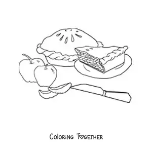 Coloring page of an apple pie with two apples and a knife