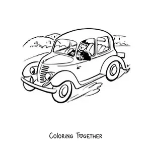 Coloring page of an elegant man driving a vintage car