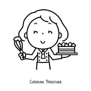 Coloring page of a girl pastry chef with a cake