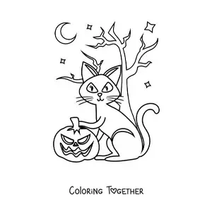 Coloring page of a cartoon cat with a Halloween pumpkin