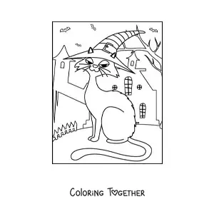 Coloring page of a cartoon cat with a witch hat in a haunted house