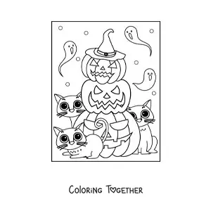 Coloring page of kawaii kittens with Halloween pumpkins
