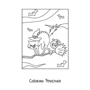 Coloring page of a cat flying on a witch's broom on Halloween
