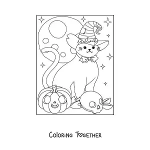 Coloring page of a kawaii cat with a witch hat and a skull