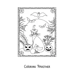 Coloring page of a cat with scary Halloween pumpkins and bats