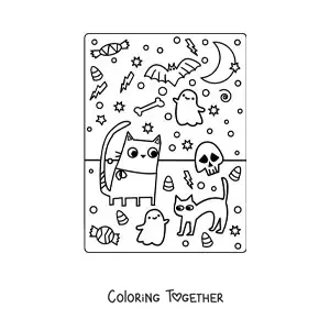 Coloring page of cartoon cats with ghosts and Halloween candy