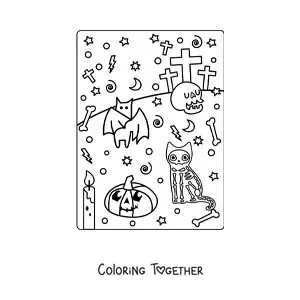Coloring page of a cat in a Halloween costume with a kawaii pumpkin