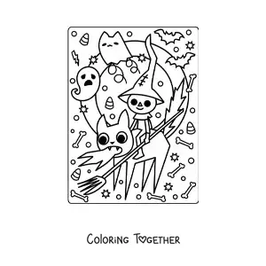 Coloring page of a cat with a kawaii Halloween ghost