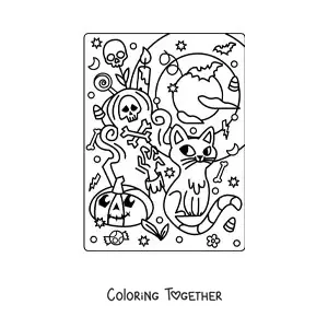 Coloring page of a cartoon cat with a grave and a kawaii pumpkin on Halloween