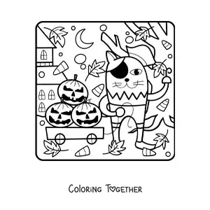 Coloring page of a cartoon cat with Halloween pumpkins