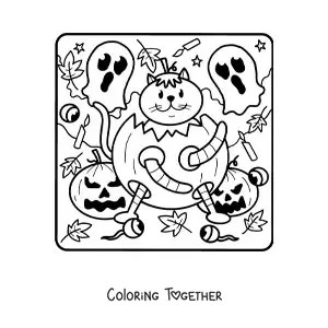 Coloring page of a cartoon cat in a Halloween pumpkin with ghosts