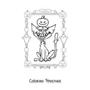 Coloring page of a cartoon haunted Halloween cat