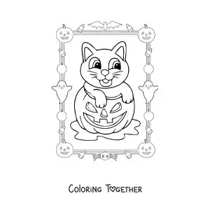 Coloring page of a cartoon of a cute cat in a Halloween pumpkin