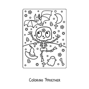 Coloring page of a child skeleton dancing on Halloween