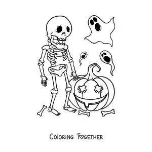 Coloring page of a skeleton with ghosts and a Halloween pumpkin