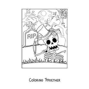 Coloring page of a scary skeleton in its grave on Halloween night