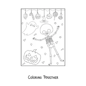 Coloring page of a cartoon skeleton with a ghost at a Halloween party