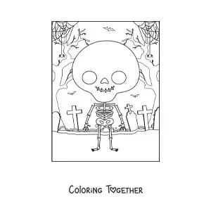 Coloring page of a cartoon human skeleton on Halloween night