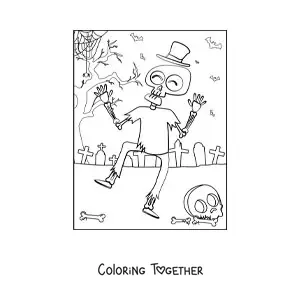 Coloring page of a skeleton dancing on Halloween