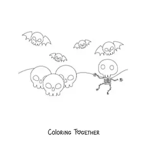 Coloring page of a Halloween skeleton and skulls