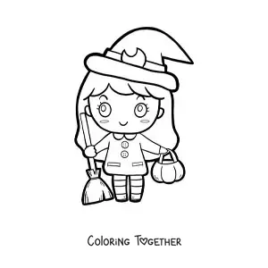 Coloring page of a kawaii girl dressed as a little witch