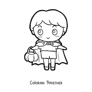 Coloring page of a kawaii boy dressed as Count Dracula