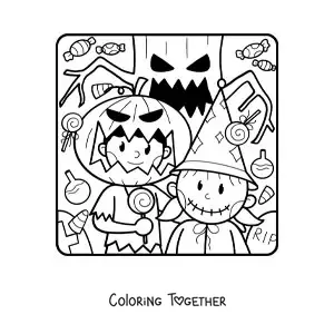 Coloring page of children dressed as monsters on Halloween