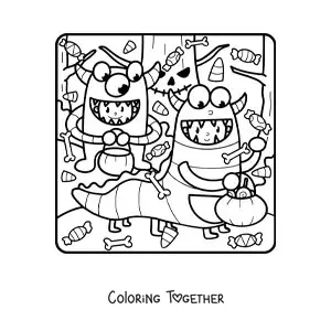 Coloring page of children dressed as monsters at a Halloween party