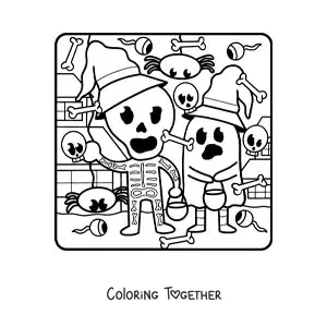 Coloring page of children dressed as a ghost and a skeleton on Halloween