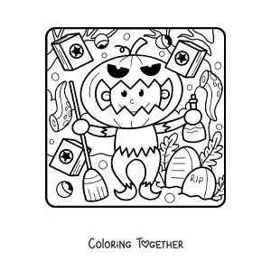 Coloring page of a child dressed up with a pumpkin mask on Halloween