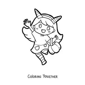 Coloring page of a girl in a devil costume on Halloween