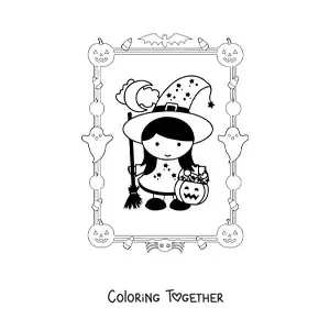 Coloring page of a girl dressed as a little witch