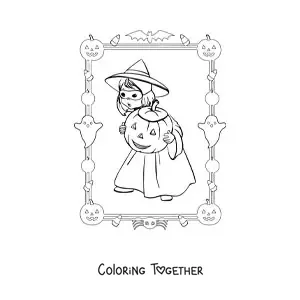 Coloring page of a girl in a witch costume with a Halloween pumpkin