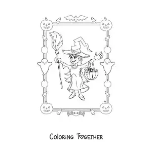 Coloring page of a girl dressed as a witch trick-or-treating on Halloween
