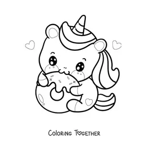 Coloring page of a kawaii unicorn eating a donut
