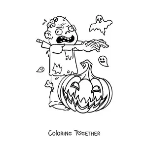 Coloring page of a zombie with a Halloween pumpkin