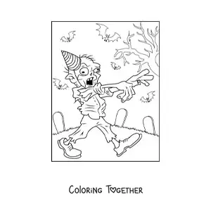 Coloring page of a cartoon zombie walking with a party hat