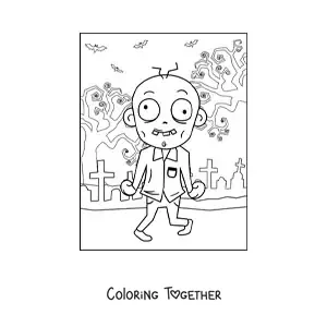 Coloring page of a cartoon zombie dancing in a cemetery on Halloween