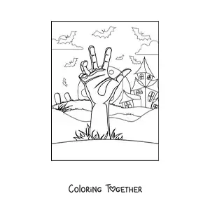 Coloring page of a zombie hand coming out of its grave on Halloween