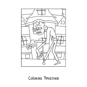 Coloring page of a zombie walking on Halloween