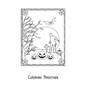 Coloring page of the silhouette of a zombie walking in a cemetery on Halloween