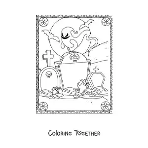 Coloring page of a zombie hand coming out of its grave with ghosts