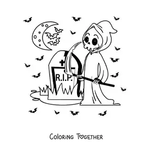 Coloring page of a grave with cartoon Death