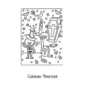 Coloring page of a cemetery with a kawaii Halloween skeleton