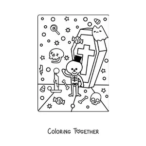 Coloring page of a grave with a kawaii Halloween skeleton