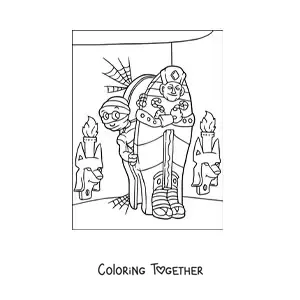 Coloring page of a mummy coming out of its grave on Halloween