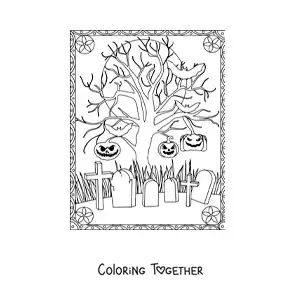 Coloring page of a scary cemetery on Halloween night