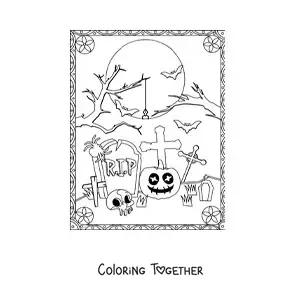 Coloring page of graves with a skull on Halloween night