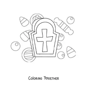 Coloring page of a grave with Halloween candy