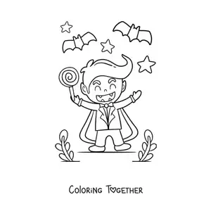 Coloring page of a kawaii vampire on Halloween